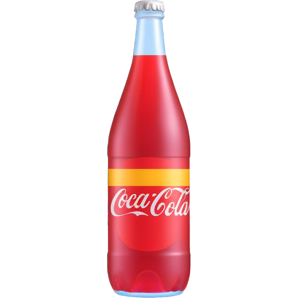 hyper-realistic 3D illustration of a soda bottle, classic shape, with shiny label, glass texture, and visible carbonation emoji