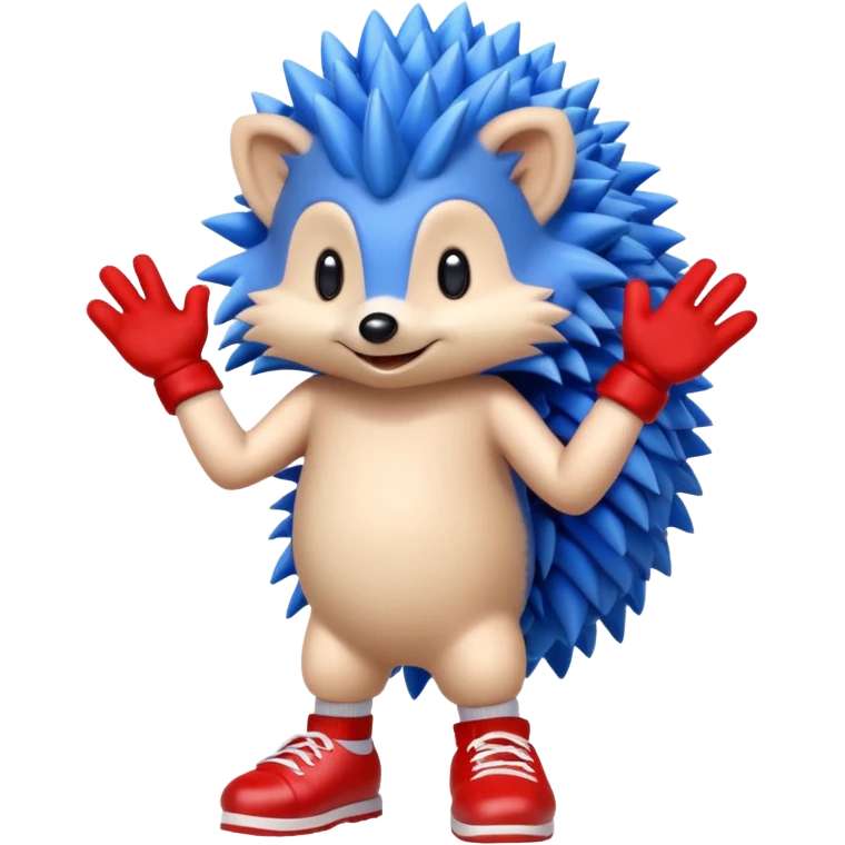a blue hedgehog that has arms and legs with a tan chest fur, and some gloves and red and white shoes emoji