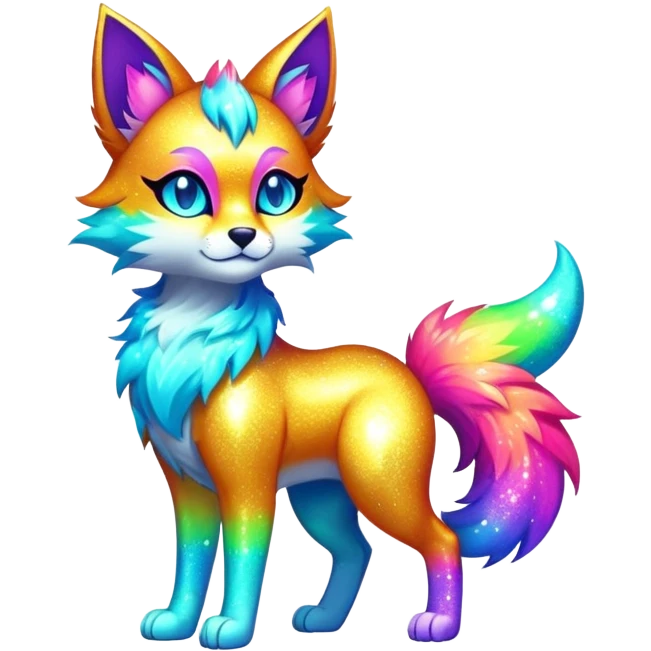 Vibrant multicolored neon-colored Falvie-Fionbri-creature-sparkle-feline-canine-hybrid-fursona, full body emoji