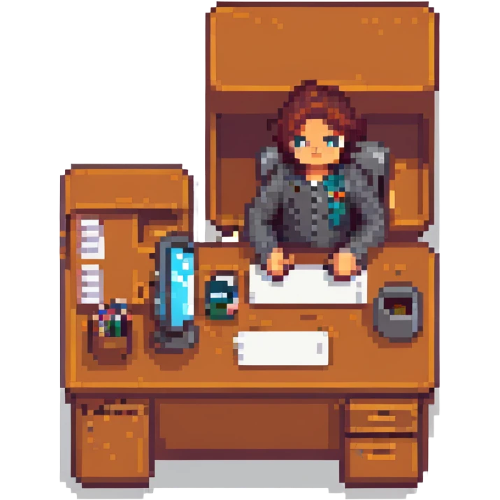 Ders character, pixel art style, sitting at a desk emoji