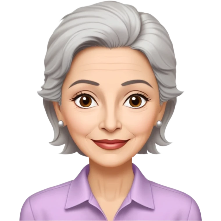 Older Puerto Rican actress Marian Pabón with elongated face, light pinkish skin, almond-shaped expressive eyes, straight nose, well-defined lips with wide smile, arched eyebrows, pronounced cheekbones, short spiky gray hair like a man's cut, more wrinkles, wearing a white buttoned shirt emoji