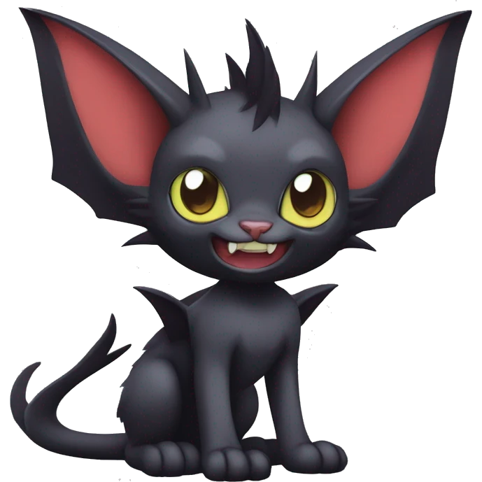 Black cool kawaii edgy vampiric demonic Noivern-Litten-Sphynx-Lykoi-Caracal-Fakemon with big bat ears full-body emoji