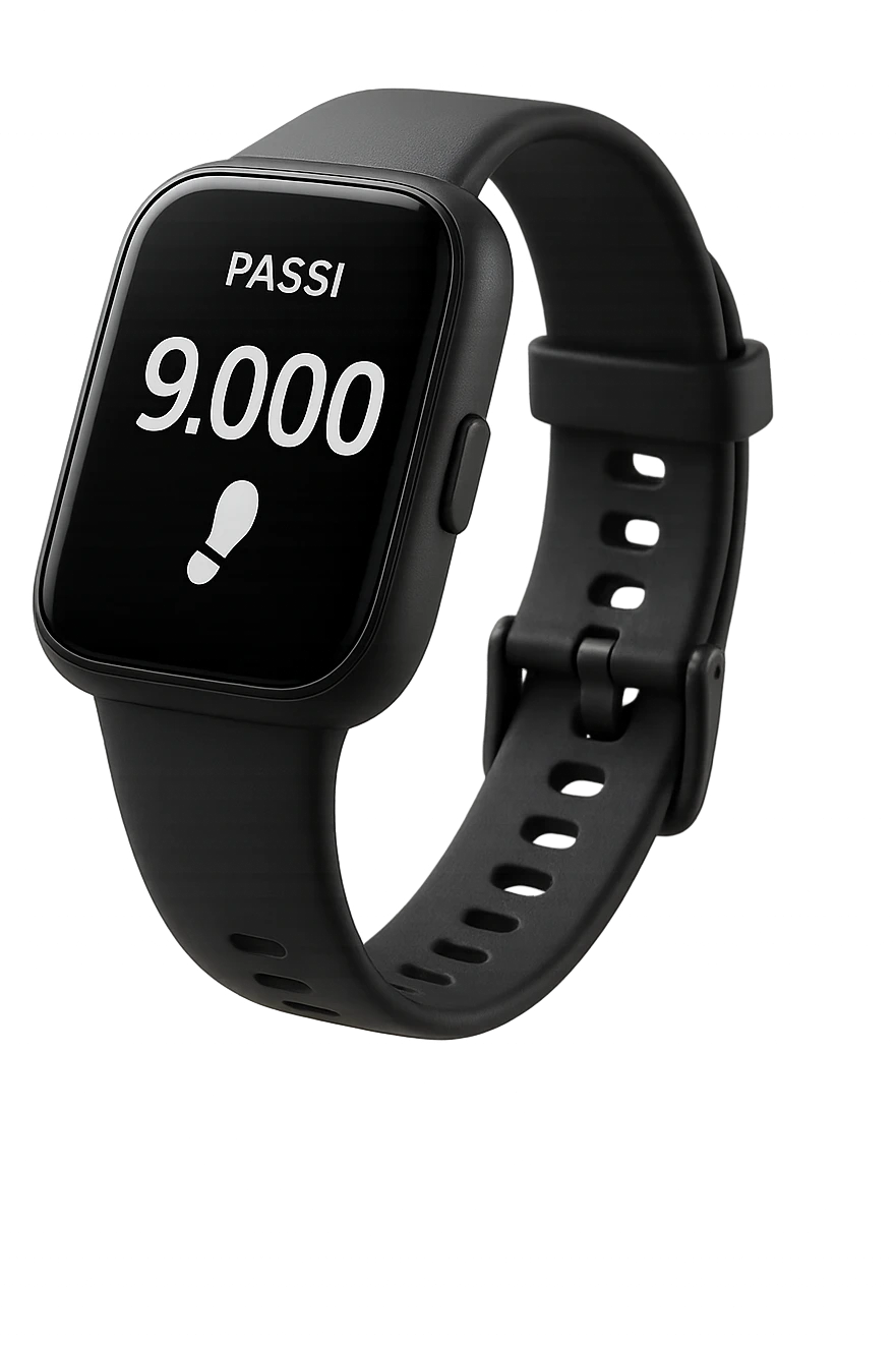 orologio contapassi che segna 9.000 passi sul display in italiano, fluttua in aria, iperrealistica 4k, isolato su sfondo bianco emoji
