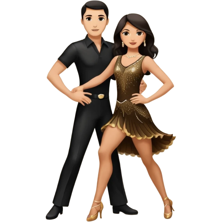 Photorealistic dancesport professional latin couple dancing the samba at the competition dancefloor, the women is in skinny short sparkly dress, the man is in black shirt and black classic pants, the women has brown long hair, the man has short black hair  emoji