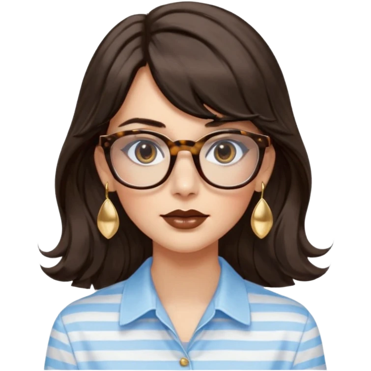 An emoji featuring a woman with long wavy dark brown hair and a whispy bang, wearing thick tortoise SQUARE glasses, gold drop earrings. She has long lashes and a nude browny glossy lipstick. She's wearing an oversize light blue shirt with white vertical strips. emoji
