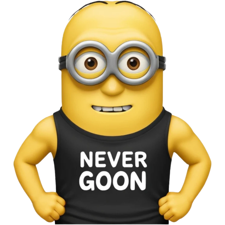 A buff minion wearing a black t shirt top with the words “never GOON” on the shirts chest area emoji