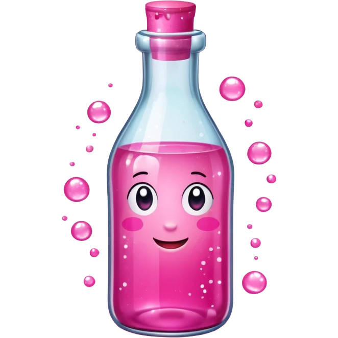 love spell. A cartoon a cute glass bottle with pink liquid, labeled “obsessed”, with sparkles swirling around. emoji