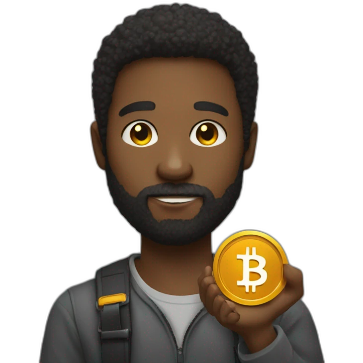 A dark young man with average beards holding a bitcoin token  emoji