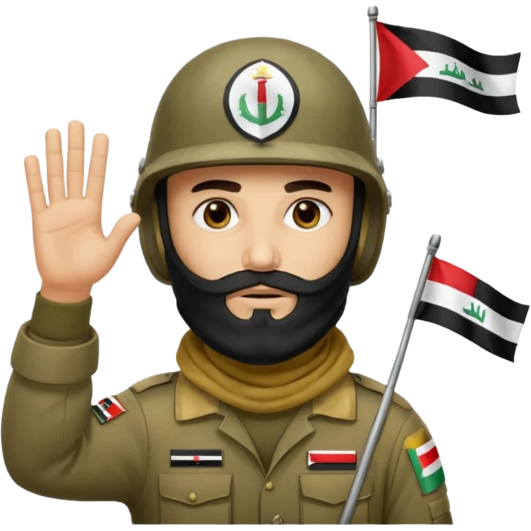 surrenders, depicts an Iraqi soldier from 1980, with a beard, in a helmet, a helmet with sign flag Iraq, with a balaclava, with sad eyes and both hands raised up emoji