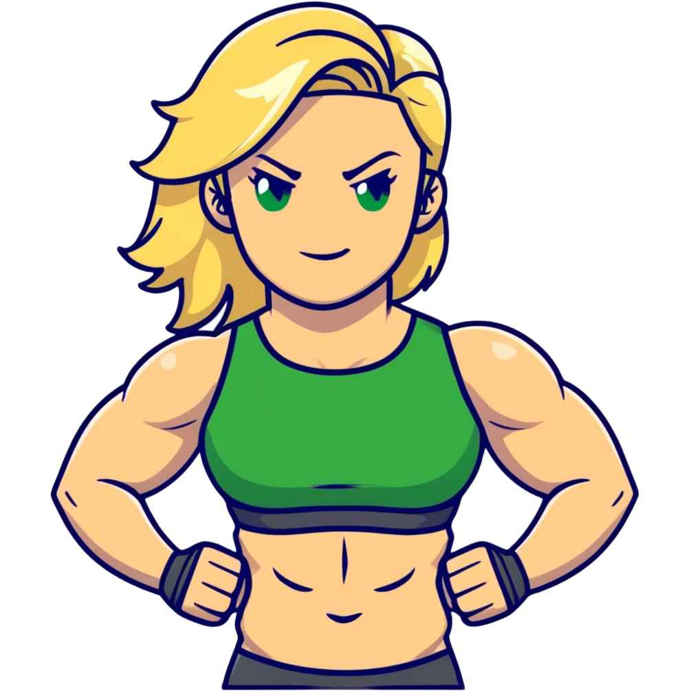 muscular white girl with blonde hair and green eyes, flexing 6 pack abs and one arm bicep emoji