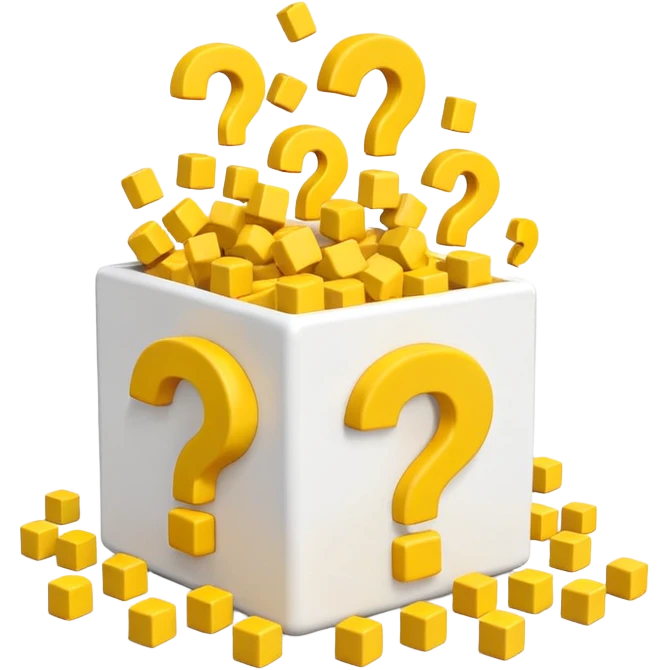 white cube shaped box over stuffed with yellow question marks emoji
