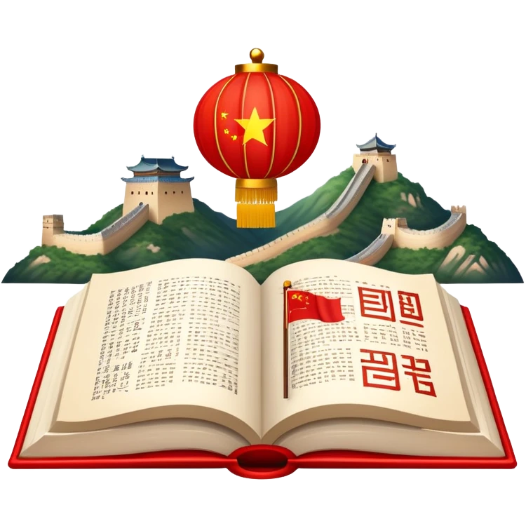 An icon featuring the Great Wall of China and the flag of China, symbolizing the Chinese language. The design includes an open book with Chinese characters and a red lantern, representing language learning and rich cultural tradition. Transparent background highlights the depth of Chinese heritage. emoji