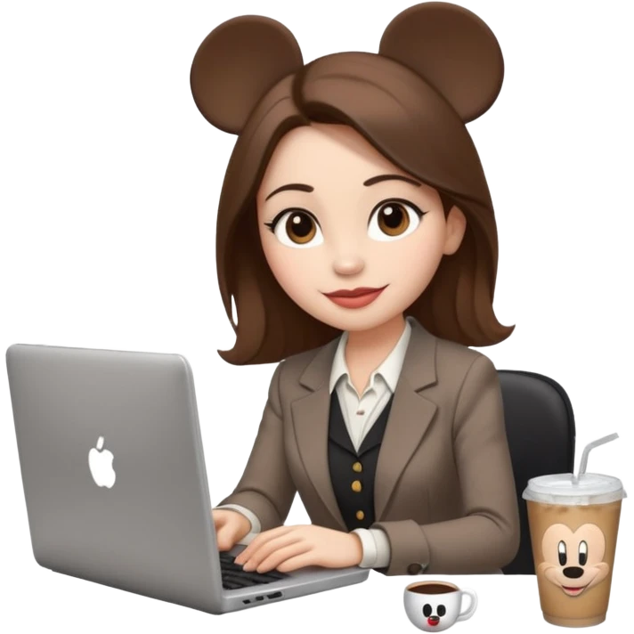 Women in front of one laptop that has a Mickey sticker on it, with a happy face, face fuller, lips plump, full eyebrows, dirty brown hair, light brown big eyes, light pale skin with a iced coffee on the side, business attire, who is typing emoji