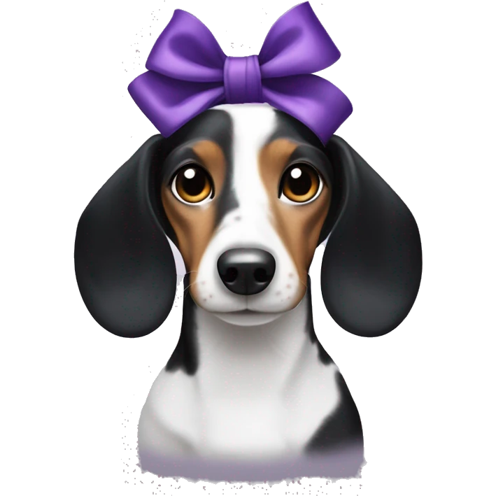 Black white tan piebald dachshund purple bow top head emoji