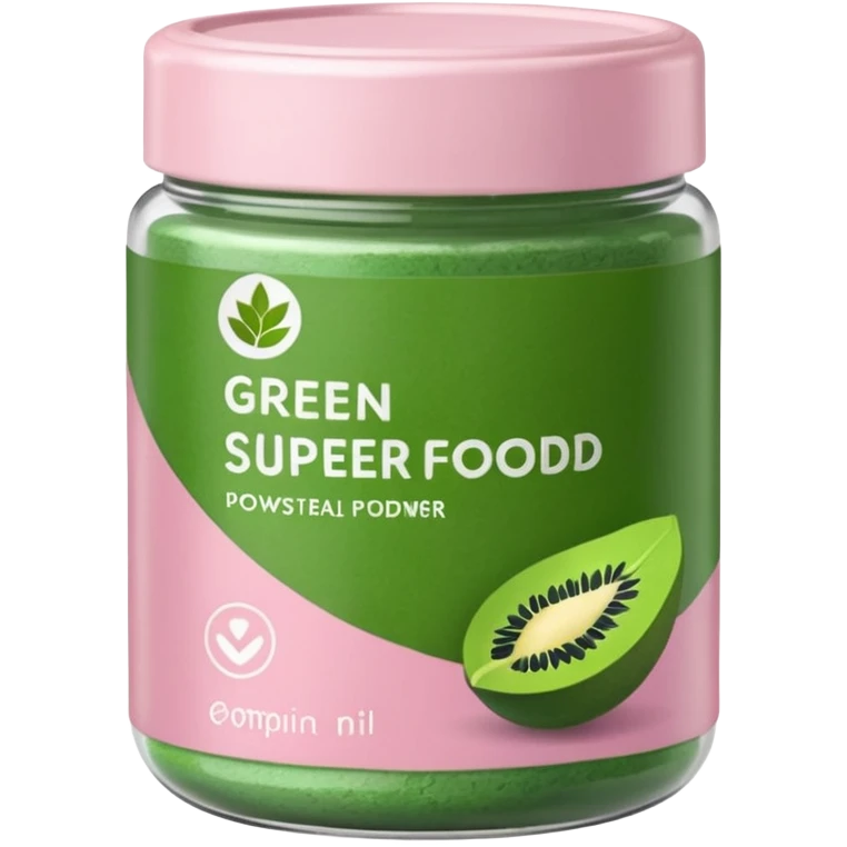 Transparent container of green superfood powder, pastel pink label emoji