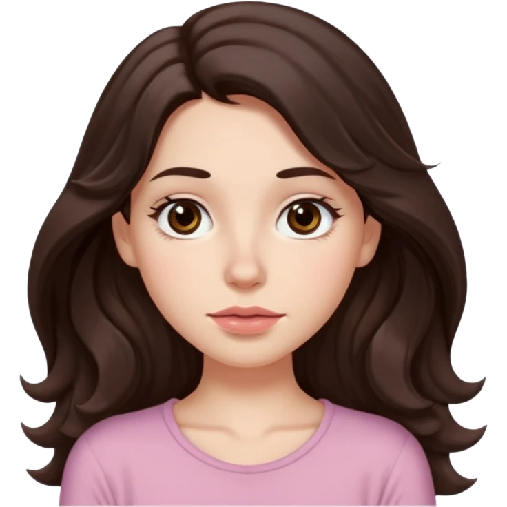 Aesthetic white girl with really long wavy/curly hair color dark brown, hair must be in front of the shoulders (hair in front of the shoulders). Big almond shape tired eyes color brown with dark circles, wide nose, natural lips, sweet expression. Dressed with a cute tight top color light pink. emoji