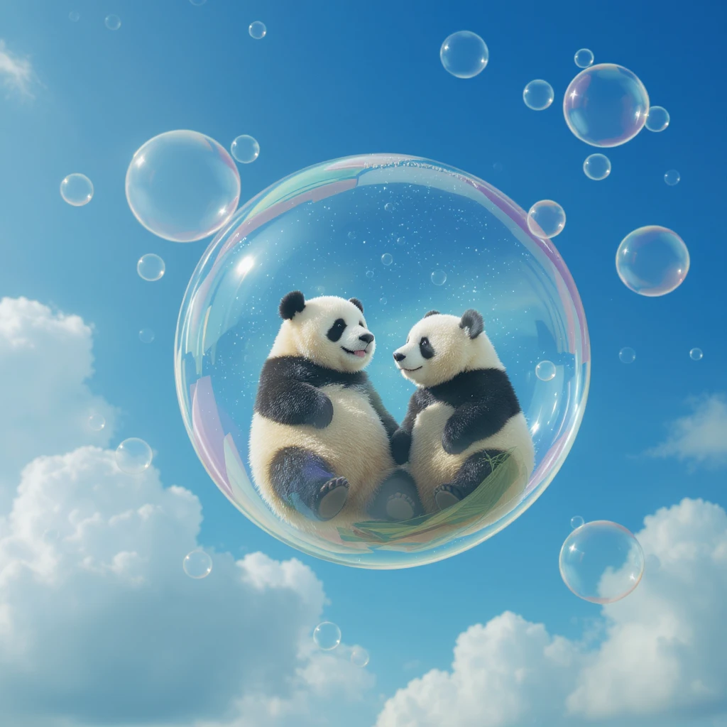 Minimalistic Cinematic still of pandas bears sitting inside flying bubbles, blue sky filling background  emoji