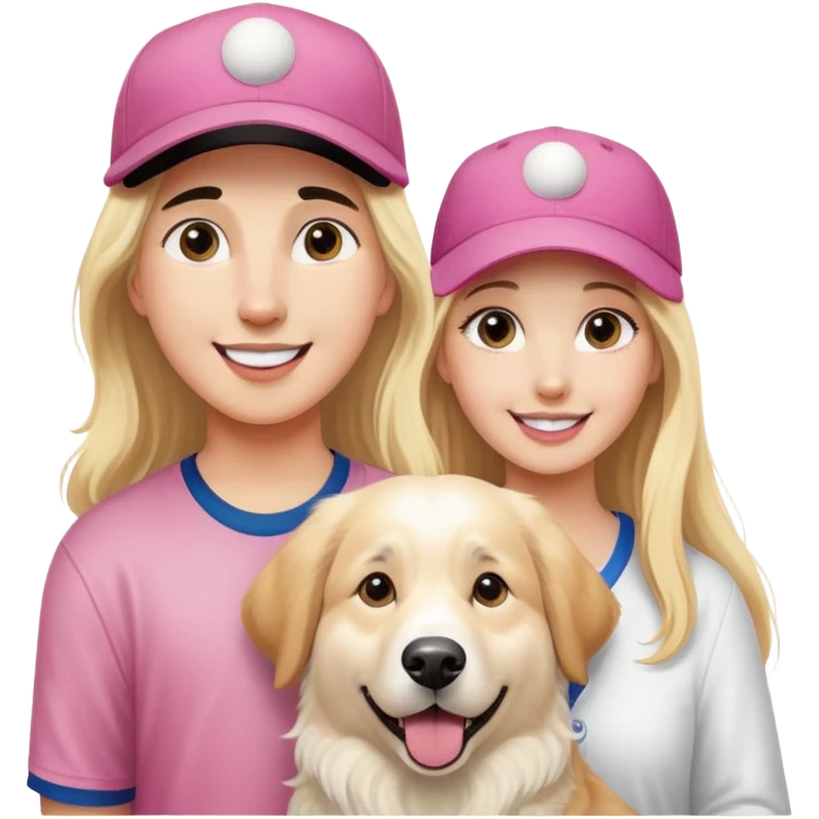 A very large goofy looking great Pyrenees dog with his golden retriever brother, and a very pretty blonde girl, smiling very big with large eyes and a pink baseball cap emoji