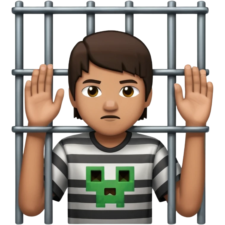 Boy in jail with a Minecraft creeper behind bars emoji