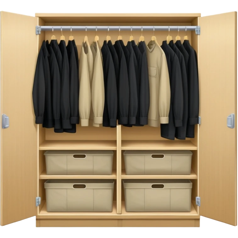Wardrobe with both doors open showing organized collection of black shirts, khaki pants and overalls for work emoji