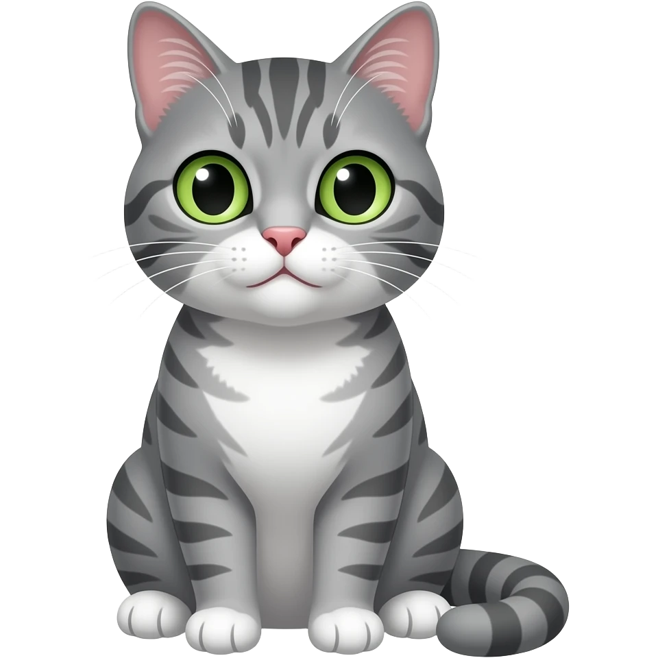 Pisica gri cu ochi verzi și fata rotundă care stă în fund emoji