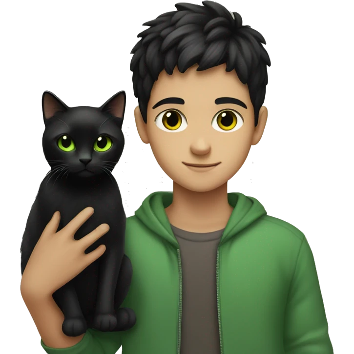  boy with black hair and brown eyes holding a black cat with green eyes emoji