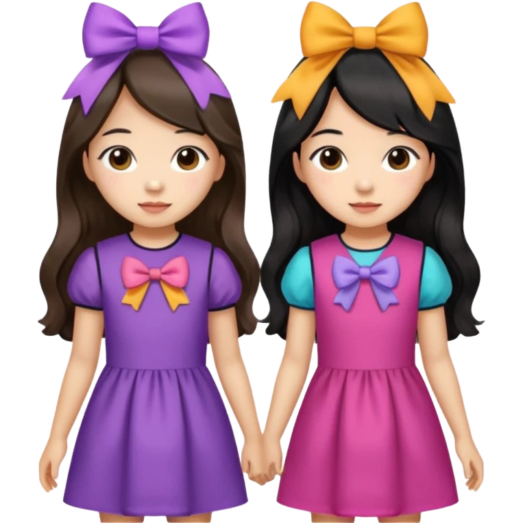 Two girls with bows they’re both Asian but one has wavy brown hair and the other has really long straight hair emoji