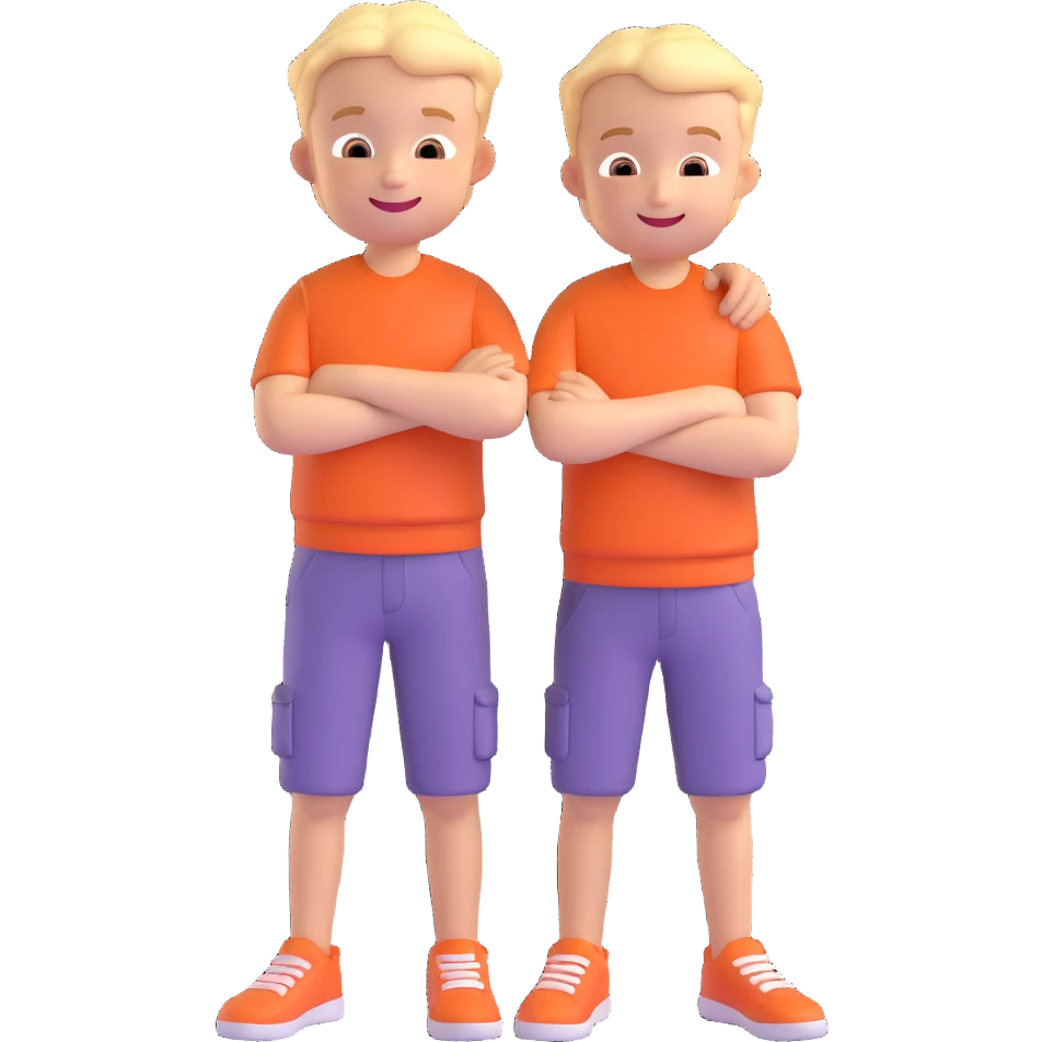 Two cartoon-style boys with similar features, arms around each other's shoulders, smiling, matching outfits, standing close, white background, emoji style emoji