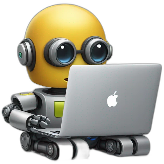 A cute little geeky robot typing on a MacBook Pro  emoji