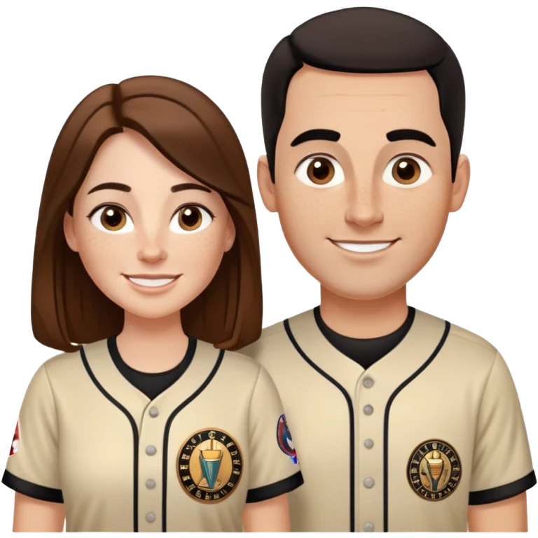 *White* couple smiling. Woman has big cheeks and a lot of freckles on the nose. long brown hair. Man has black and very short hair and prominent eyebrows with egipcian nose. Both are wearing “Los Padres” baseball jearsey emoji