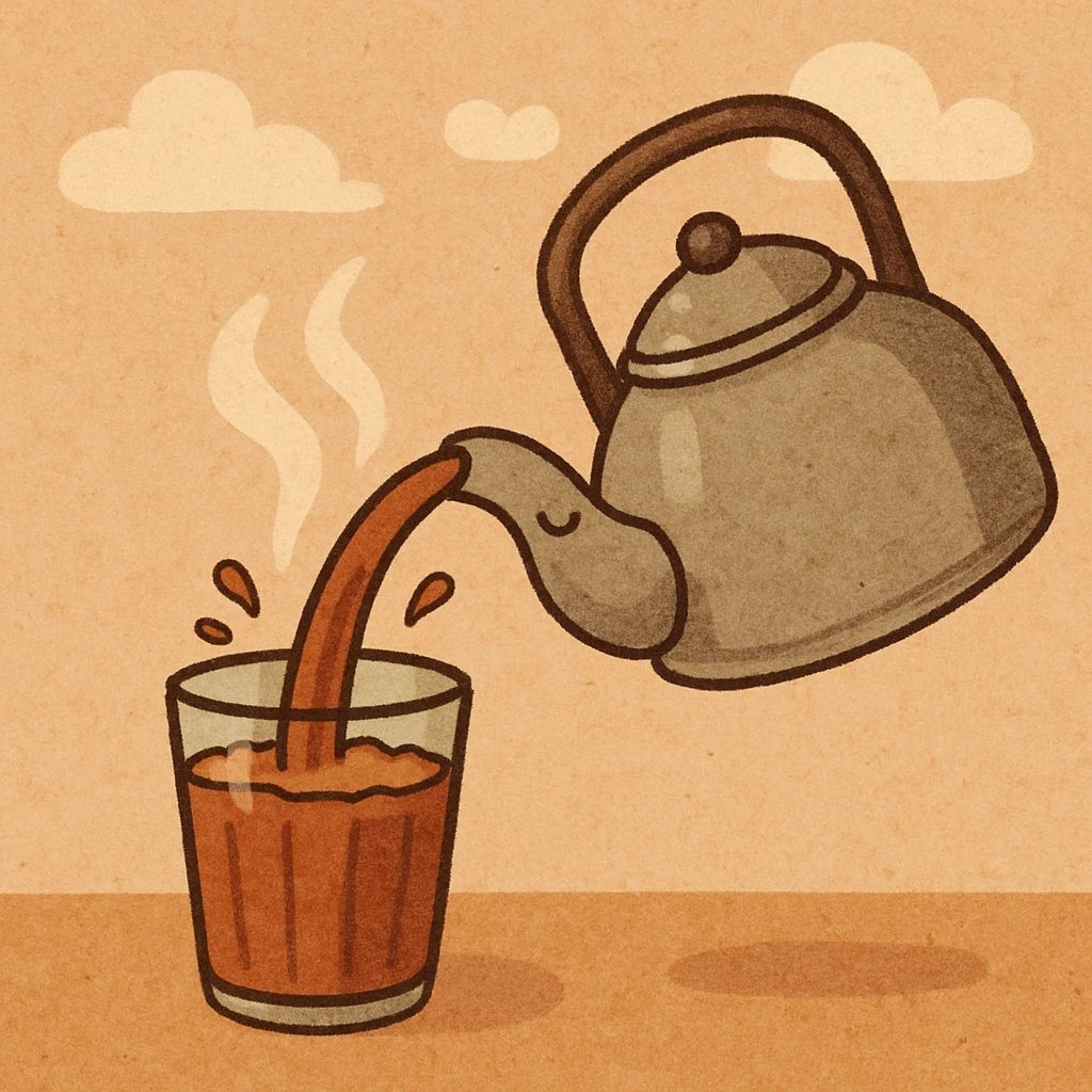 cartoon style karak tea being poured from a metal teapot into a glass, with splashes and steam emoji