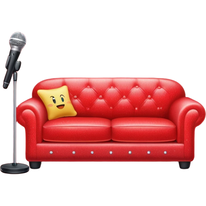 Red sparkly sofa with a mic in the center of sofa lamp stand behind sofa emoji