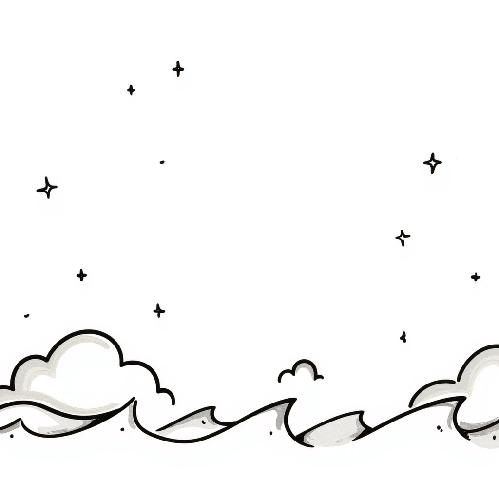 hand-drawn decorative elements including clouds, stars, ocean waves in a whimsical and airy children's book illustration style, clean and minimal, pastel tones, pencil or ink sketch look emoji