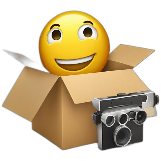 Video icons, movie camera, film, play, logos, likes, thumbs up, marks, views, coverage, applause fly out of a Cardboard box emoji