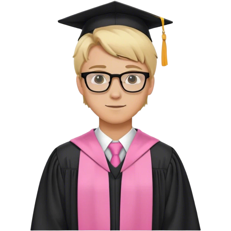 A blonde-haired young white man, wearing glasses, in the middle of his graduation with black and pink theme emoji