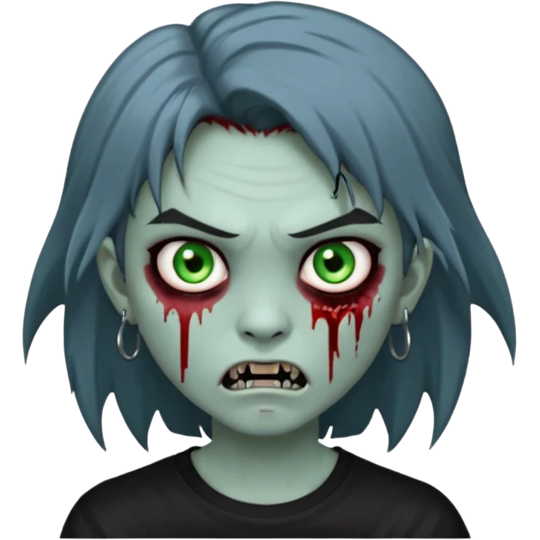 3D emoji-style avatar with very pale blue-grey zombie skin, dark brown hair, a young Asian face, and large green eyes with blood tears. Give it white litle bit messy mullet hair style , silver hoop earrings, and a plain black T-shirt. The face expression should be slightly angry, with vampire fang emoji