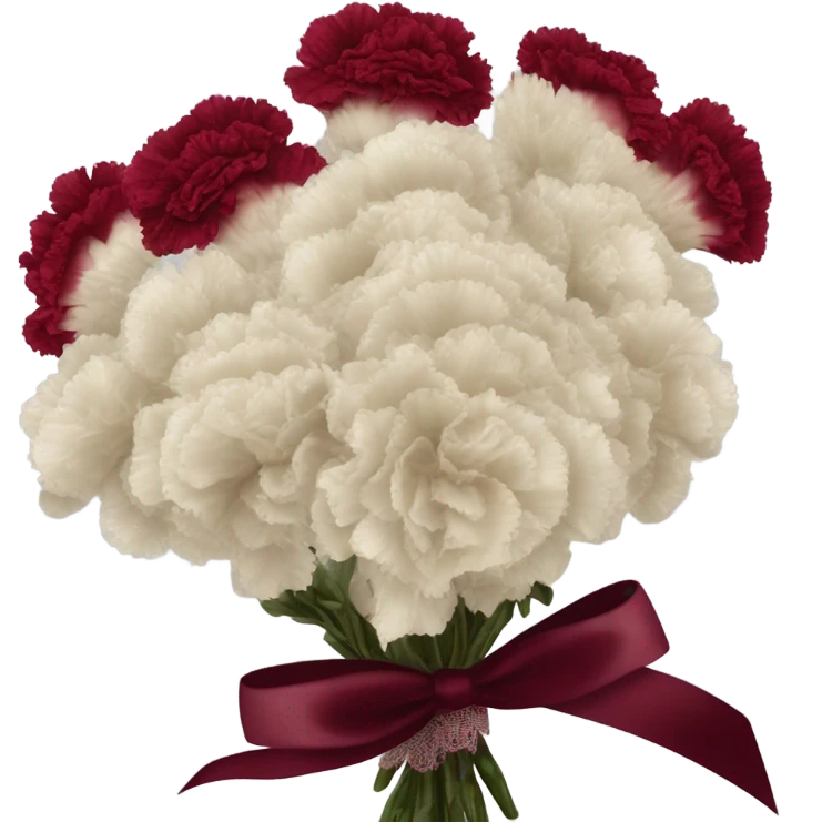 A classic bouquet of crimson carnations tied with a delicate lace-trimmed burgundy ribbon emoji