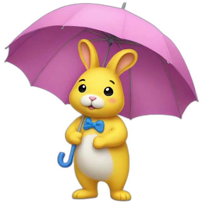 Pink rabbit wearing yellow tee shirt and blue umbrella emoji