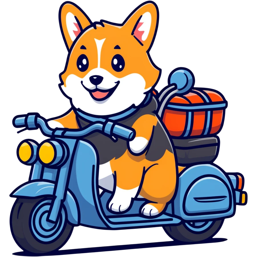 smiling corgi riding a motorcycle emoji