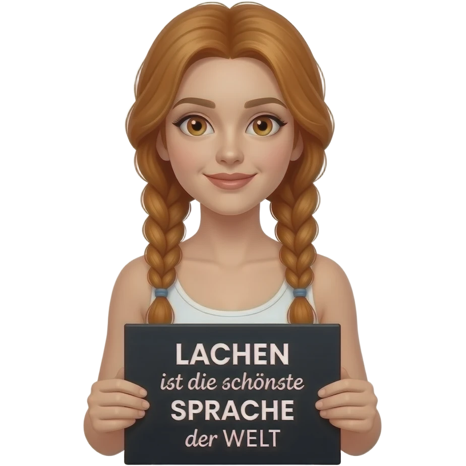 sexy girl with long ginger braids and ginger eyes wearing a white tanktop is holding a black sign with LACHEN ist die schönste SPRACHE der WELT written on it emoji