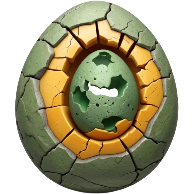3D render of Dino Egg, embedded in a chunk of rough sedimentary rock, cracked stone texture, ancient fossil aesthetic, speckled greenish-grey stone egg with a crack, matte dry finish, Apple emoji style, isolated on white background --v 6.0. emoji