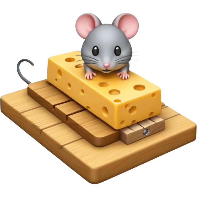 A 3D emoji in iOS emoji aesthetic style of a small mousetrap on a wooden base with a tiny gray mouse approaching a small piece of yellow cheese on it, minimal white background, bright lighting, clean and glossy Apple-style design emoji