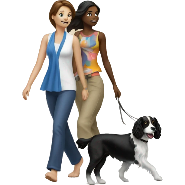 2 ladies walking a black and white spaniel on a beach emoji