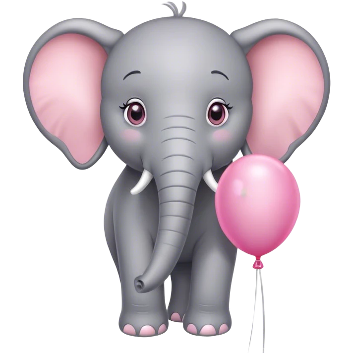 Pixar style, Little gray and pink elephant with big sparkling eyes, holding a balloon  emoji