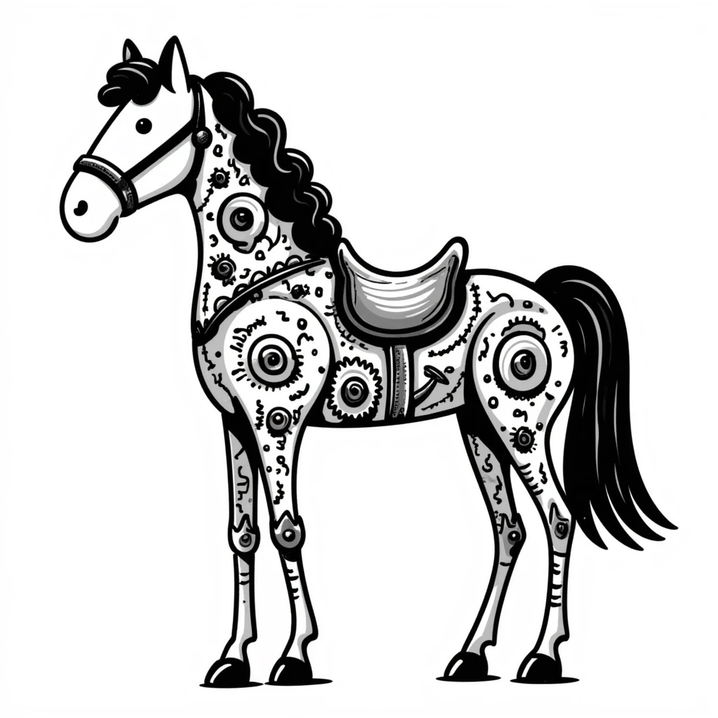 Detailed sketch of a horse assembled from mechanical cogs, analog components, exposed wires, and rope connecting the parts emoji