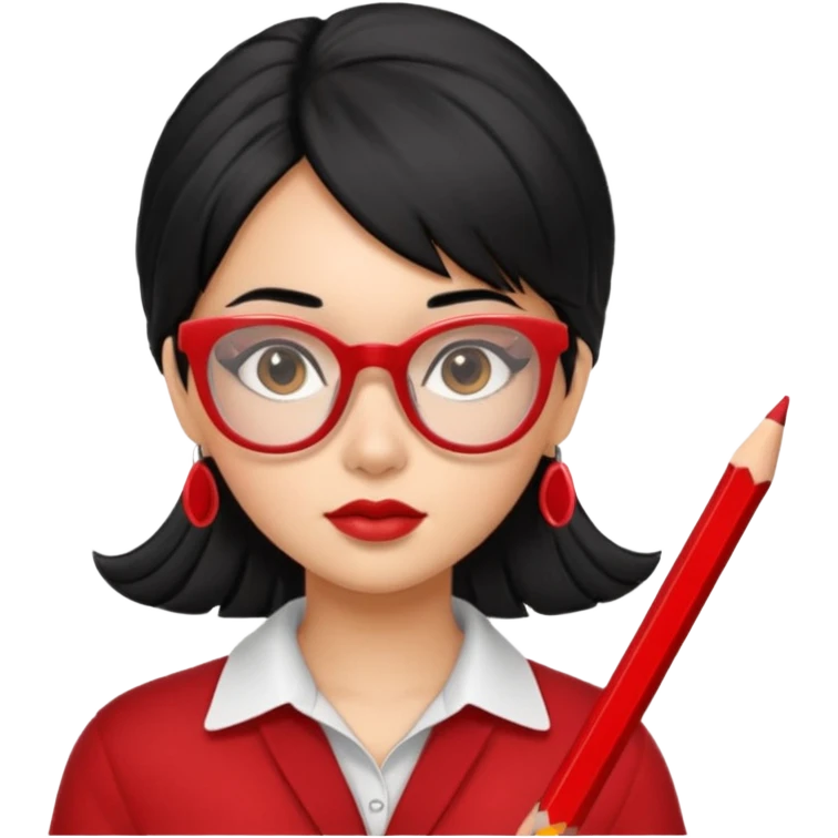 Morena girl with black hair in a pencil that creates a hun hairstyle. She has red glasses emoji