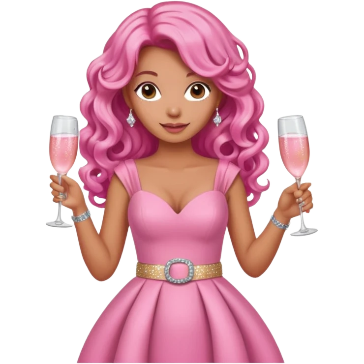 One lady with long pink curled hair and tan skin wearing a pink dress with sparkly belt holding a glass of pink champagne in each hand emoji