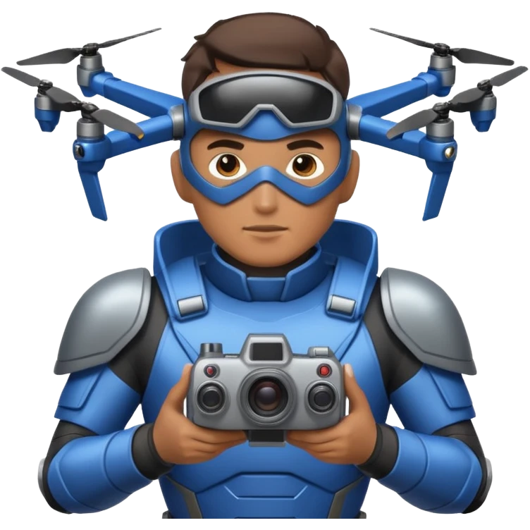 Un photographe homme high tech, une armure de terrain à la super héro. Il a des appareils photos, des caméras embarquées et un drone derrière lui en hauteur. emoji