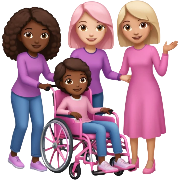 One dark skinned sister and one light skinned sister pushing her light brown sister in a pink wheelchair emoji