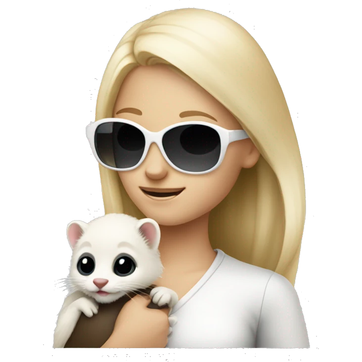 Blonde girl in sunglasses holding white polecat in hands emoji